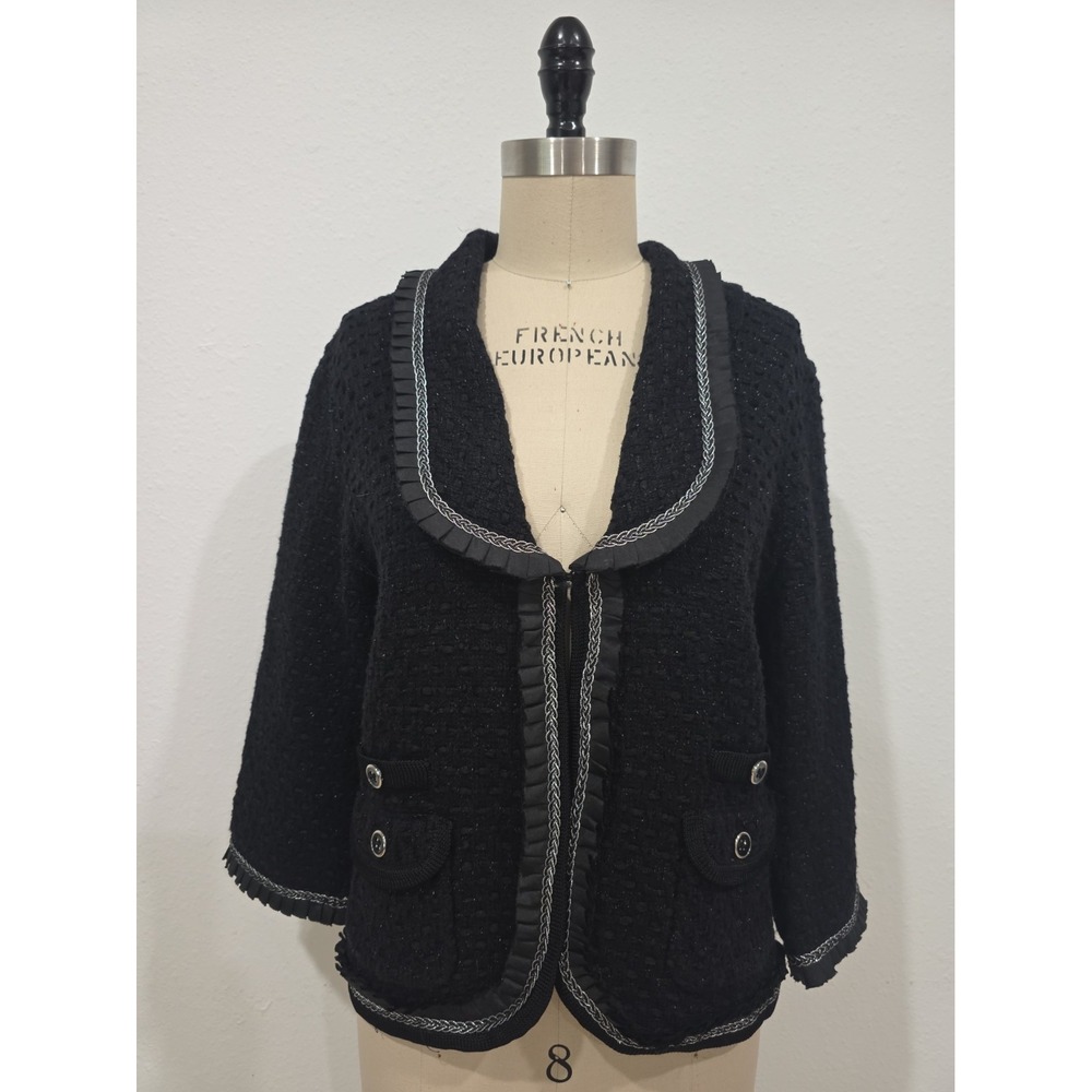 White House Black Market Blazer/Jacket Black Classic Ruffled Glitter Size XL